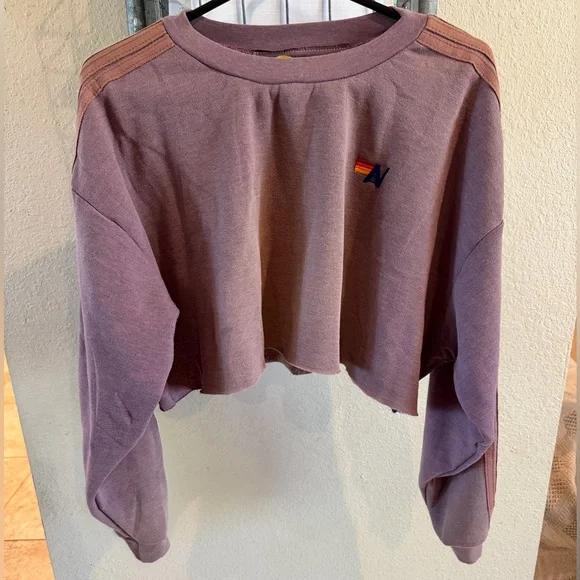 Aviator Nation CLASSIC STRIPE CROPPED CREW SWEATSHIRT RELAXED - FADED MOCHA - Picture 4 of 7